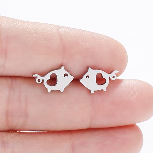 Stainless Steel Stud Earrings, 304 Stainless Steel, Pig, Vacuum Ion Plating, fashion jewelry & for woman & hollow, more colors for choice, 12x7mm, 12Pairs/Bag, Sold By Bag