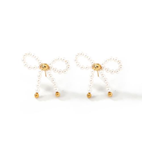 Brass Stud Earring with Shell Pearl Bowknot fashion jewelry & for woman Sold By Pair