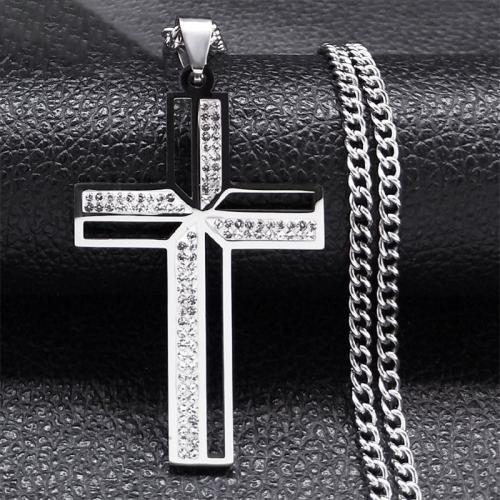 Stainless Steel Jewelry Necklace 304 Stainless Steel Cross for man & with rhinestone silver color Length Approx 60 cm Sold By PC