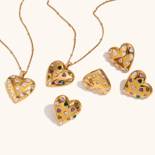 Cubic Zirconia Sada nerezových šperků, 304 Stainless Steel, Srdce, 18K pozlacené, módní šperky & micro vydláždit kubické zirkony & pro ženy, zlatý, Prodáno By PC