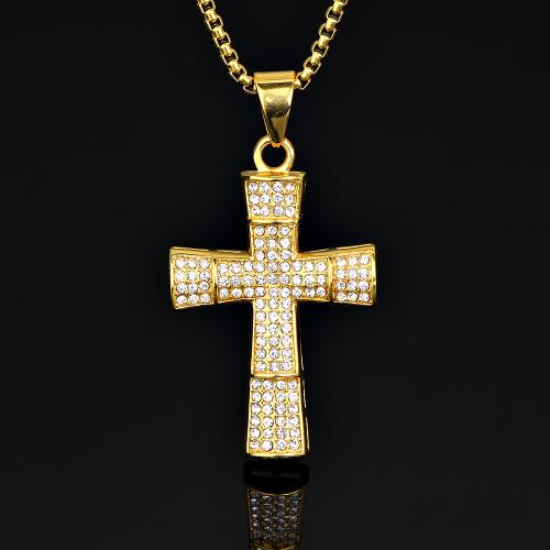 Colgantes Cruz de Acero Inoxidable, acero inoxidable 316, Cruces, con diamantes de imitación, dorado, 35x55mm, Vendido por UD