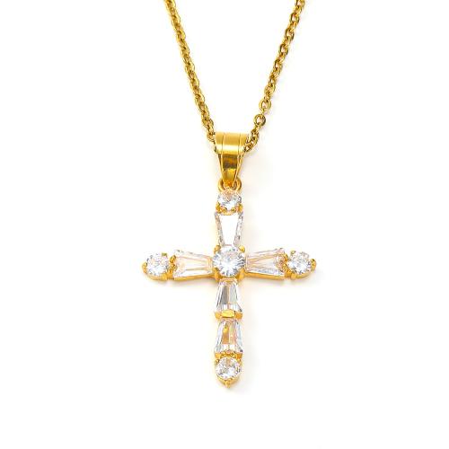 Stainless Steel Jewelry Necklace 304 Stainless Steel Cross Vacuum Ion Plating fashion jewelry & Unisex & micro pave cubic zirconia Length Approx 45 cm Sold By PC