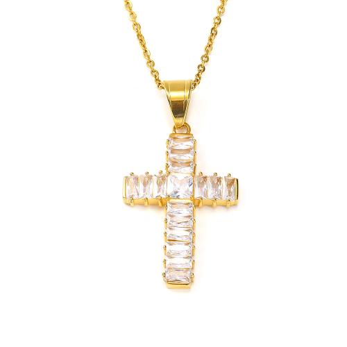 Stainless Steel Jewelry Necklace 304 Stainless Steel Cross Vacuum Ion Plating fashion jewelry & Unisex & micro pave cubic zirconia Length Approx 45 cm Sold By PC