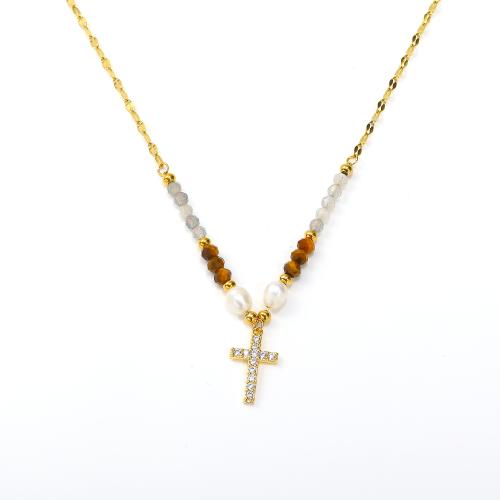 Stainless Steel Jewelry Necklace 304 Stainless Steel with Gemstone & Plastic Pearl Cross Vacuum Ion Plating fashion jewelry & micro pave cubic zirconia & for woman golden Length Approx 45 cm Sold By PC