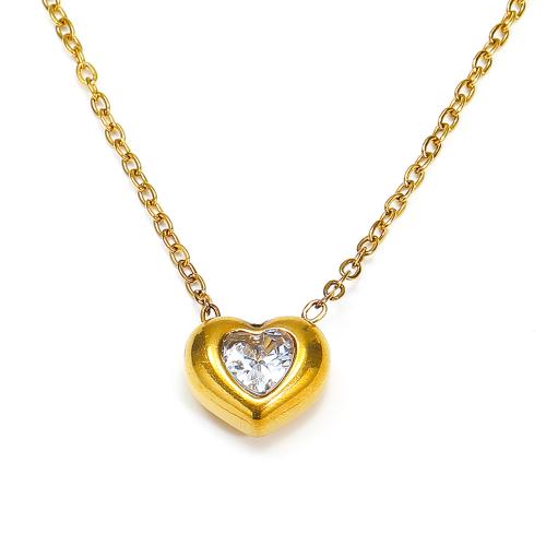 Stainless Steel Jewelry Necklace, 304 Stainless Steel, with Cubic Zirconia, Heart, Vacuum Ion Plating, fashion jewelry & for woman, more colors for choice, 9x10mm, Length:Approx 45 cm, Sold By PC