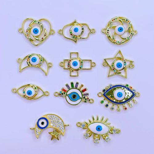 Cubic Zirconia Micro Pave Brass Connector gold color plated evil eye pattern & micro pave cubic zirconia & enamel & 1/1 loop nickel lead & cadmium free Sold By PC