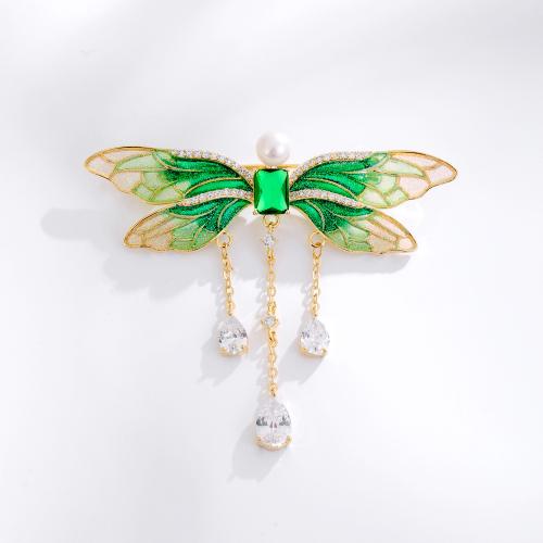 Cubic Zirconia Brooch Brass with Cubic Zirconia Dragonfly gold color plated for woman green nickel lead & cadmium free Sold By PC