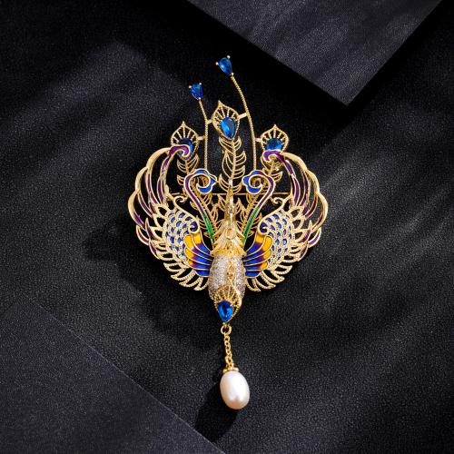 Freshwater Pearl Brooch, Brass, with Cubic Zirconia & Freshwater Pearl, Phoenix, gold color plated, for woman & enamel, mixed colors, nickel, lead & cadmium free, 55x71mm, Sold By PC