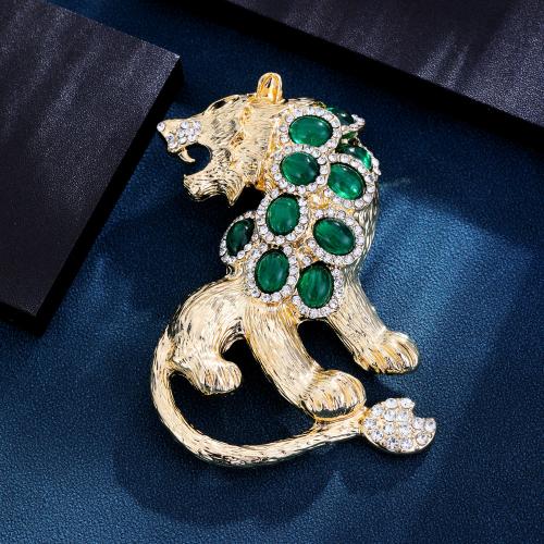 Rhinestone Brooch, Brass, with Glass, Lion, gold color plated, for woman & with rhinestone, green, nickel, lead & cadmium free, 55x78mm, Sold By PC
