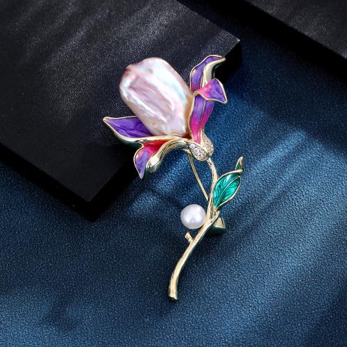 Freshwater Pearl Brooch, Brass, with Freshwater Pearl, Flower, gold color plated, for woman & enamel, mixed colors, nickel, lead & cadmium free, 35x60mm, Sold By PC
