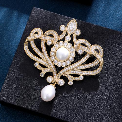 Freshwater Pearl Brooch, Brass, with Freshwater Pearl, gold color plated, micro pave cubic zirconia & for woman, nickel, lead & cadmium free, 48x53mm, Sold By PC