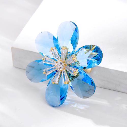 Cubic Zirconia Brooch Brass with Glass Flower gold color plated micro pave cubic zirconia & for woman blue nickel lead & cadmium free Sold By PC