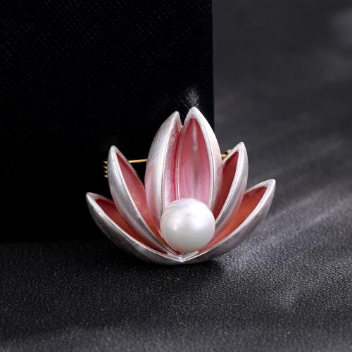 Plastic Pearl Brooch, Brass, with Plastic Pearl, Flower, gold color plated, for woman & enamel, pink, nickel, lead & cadmium free, 35x28mm, Sold By PC