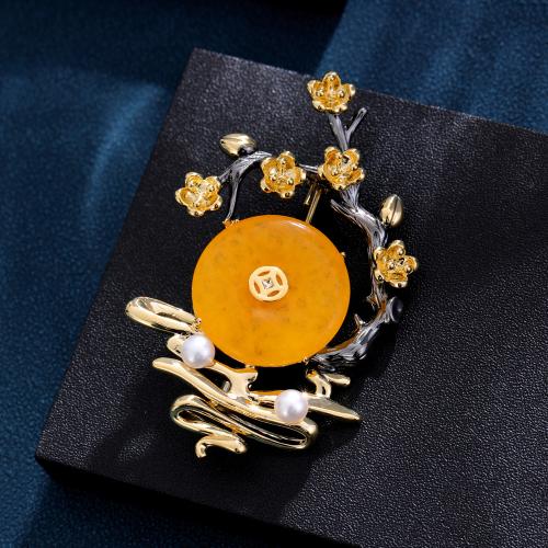 Resin Brooch Brass with Resin Round gold color plated for woman & enamel orange nickel lead & cadmium free Sold By PC