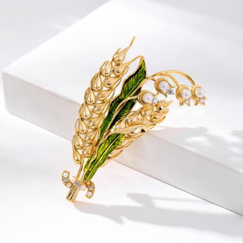 Enamel Brooch Brass with Plastic Pearl Wheat gold color plated for woman green nickel lead & cadmium free Sold By PC