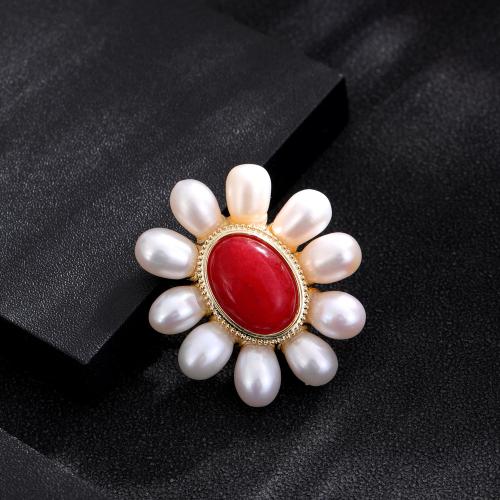 Freshwater Pearl Brooch Brass with Freshwater Pearl & Resin Flower gold color plated for woman & enamel red nickel lead & cadmium free Sold By PC