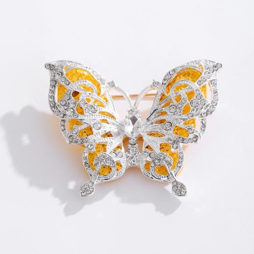 Cubic Zirconia Brooch, Brass, with Cubic Zirconia, Butterfly, silver color plated, Double Layer & for woman & enamel, yellow, nickel, lead & cadmium free, 60x45mm, Sold By PC