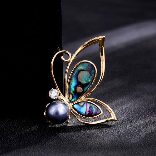 Freshwater Pearl Brooch Zinc Alloy with Cubic Zirconia & Abalone Shell & Freshwater Pearl Butterfly gold color plated for woman nickel lead & cadmium free Sold By PC