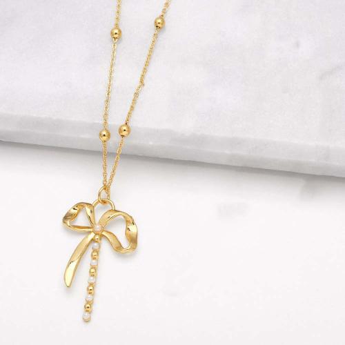 Brass Necklace with Plastic Pearl with 5cm extender chain Bowknot gold color plated fashion jewelry golden nickel lead & cadmium free Length 43 cm Sold By PC