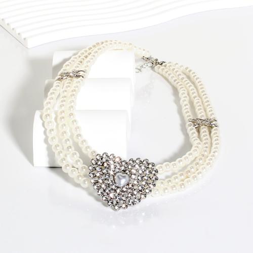 Plastic Pearl Necklace, with 2.56 Inch extender chain, fashion jewelry & multilayer & for woman & with rhinestone, white, Length:16.93 Inch, Sold By PC