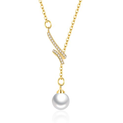 Cubic Zircon Micro Pave Brass Necklace, with Plastic Pearl, with 5CM extender chain, plated, micro pave cubic zirconia & for woman, golden, Length:Approx 40 cm, Sold By PC