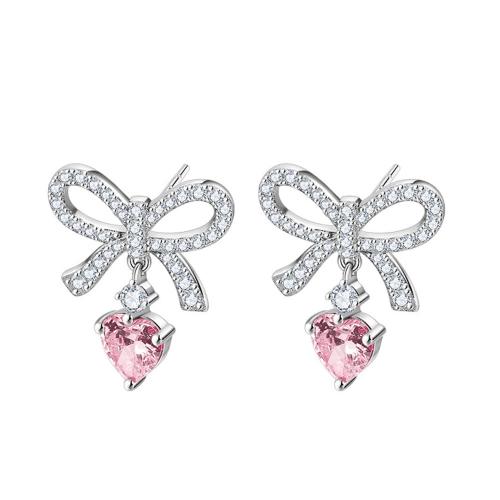 Cubic Zirconia Micro Pave Brass Earring Bowknot plated micro pave cubic zirconia & for woman platinum color Sold By Pair