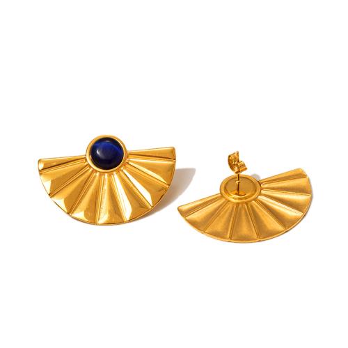 Stainless Steel Stud Earrings 304 Stainless Steel with Lapis Lazuli plated for woman golden Sold By Pair