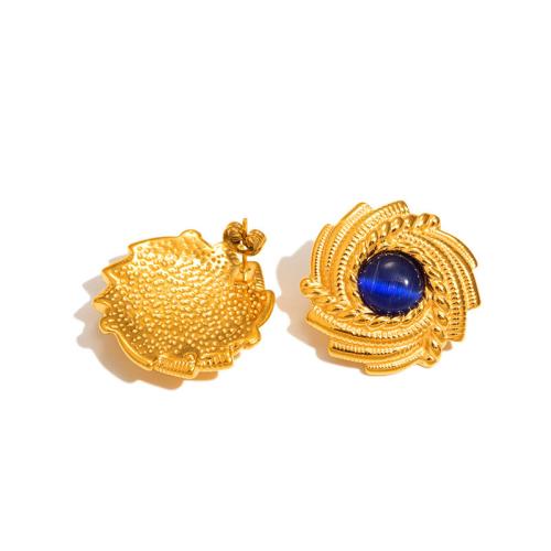 Stainless Steel Stud Earrings, 304 Stainless Steel, with Sapphire, plated, for woman, golden, Sold By Pair