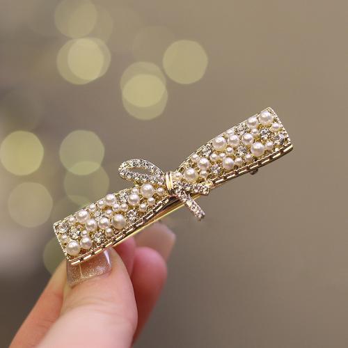 Alligator Hair Clip Zinc Alloy with Plastic Pearl Bowknot for woman & with rhinestone golden Sold By PC