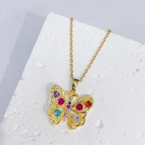 Cubic Zircon Micro Pave Brass Necklace, Butterfly, fashion jewelry & micro pave cubic zirconia & for woman, more colors for choice, Length:Approx 45 cm, Sold By PC