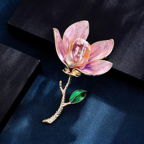 Enamel Brooch, Tibetan Style, with Plastic Pearl, Flower, gold color plated, for woman, pink, nickel, lead & cadmium free, 45x69mm, Sold By PC