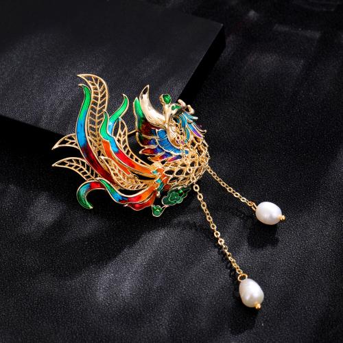 Enamel Brooch, Brass, with Plastic Pearl, Phoenix, gold color plated, for woman, mixed colors, nickel, lead & cadmium free, 49x103mm, Sold By PC