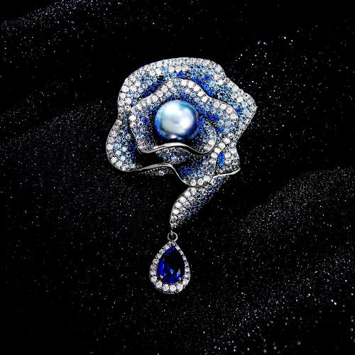Cubic Zirconia Brooch, Brass, with Cubic Zirconia & Freshwater Pearl, Flower, silver color plated, for woman, more colors for choice, nickel, lead & cadmium free, 34x52mm, Sold By PC