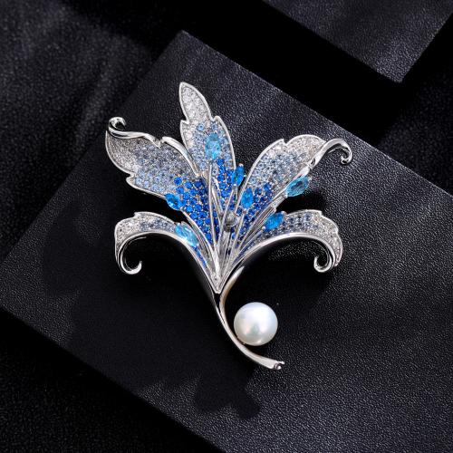 Cubic Zirconia Brooch, Brass, with Cubic Zirconia & Freshwater Pearl, Flower, silver color plated, for woman, blue, nickel, lead & cadmium free, 43x54mm, Sold By PC