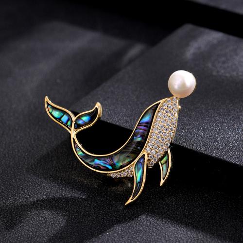Shell Brooch Brass with Abalone Shell & Plastic Pearl Whale gold color plated for woman nickel lead & cadmium free Sold By PC