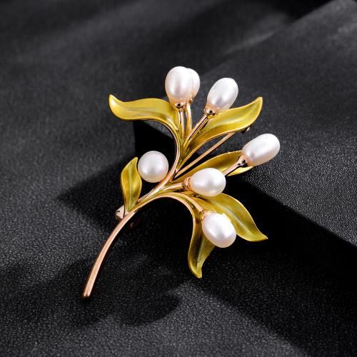 Enamel Brooch, Brass, with Freshwater Pearl, Flower, gold color plated, for woman, yellow, nickel, lead & cadmium free, 41x52mm, Sold By PC