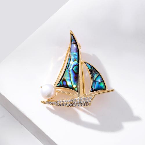 Cubic Zirconia Brooch Brass with Cubic Zirconia & Abalone Shell & Freshwater Pearl Sail Boat gold color plated for woman nickel lead & cadmium free Sold By PC