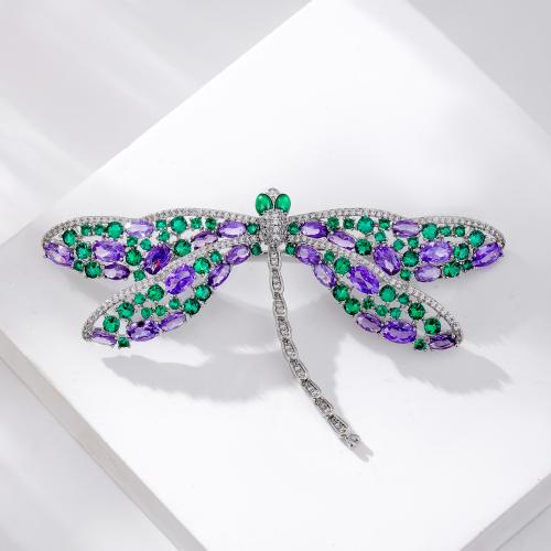 Cubic Zirconia Brooch, Brass, with Cubic Zirconia, Dragonfly, silver color plated, for woman, purple, nickel, lead & cadmium free, 84x54mm, Sold By PC