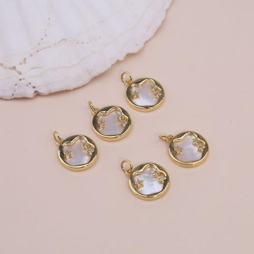 Cubic Zirconia Brass Pendants, with Cubic Zirconia & Abalone Shell, Round, gold color plated, DIY, nickel, lead & cadmium free, 14x19mm, Sold By PC