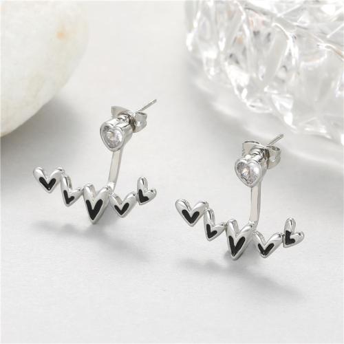 Brass Drop Earring with Cubic Zirconia Heart plated for woman & enamel nickel lead & cadmium free Sold By Pair