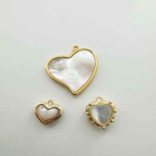 Brass Heart Pendants, with White Shell, gold color plated, DIY & different styles for choice, more colors for choice, nickel, lead & cadmium free, Sold By PC