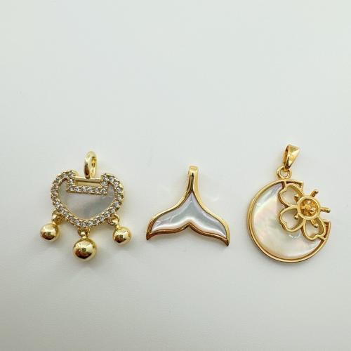 Brass Jewelry Pendants with Cubic Zirconia & White Shell gold color plated DIY nickel lead & cadmium free Sold By PC
