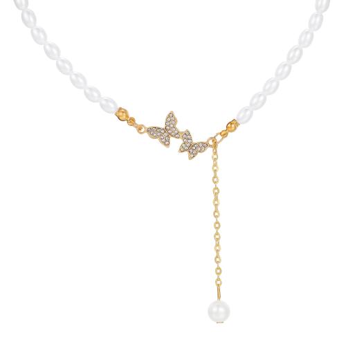 Plastik perle halskæde, Zinc Alloy, med Plastic Pearl, forgyldt, mode smykker & for kvinde & med rhinestone, hvid, Længde Ca. 21-35 cm, Solgt af PC