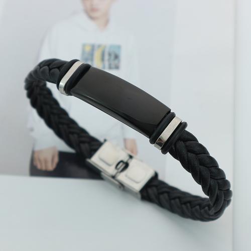 PU Leather Cord Bracelets Titanium Steel with PU Leather fashion jewelry & for man black Length Approx 22 cm Sold By PC