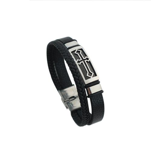 Bracelet d'acier titane, avec cuir PU, bijoux de mode & pour homme, Longueur:Environ 21.5 cm, Vendu par PC