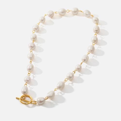 Natural Freshwater Pearl Necklace, 304 Stainless Steel, with Freshwater Pearl, 18K gold plated, fashion jewelry & for woman, golden, Length:Approx 34.5 cm, Sold By PC
