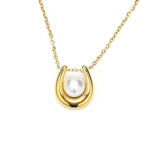 Stainless Steel Jewelry Necklace, 304 Stainless Steel, with Plastic Pearl, Vacuum Ion Plating, fashion jewelry & for woman, golden, 14x15mm, Length:Approx 45 cm, Sold By PC