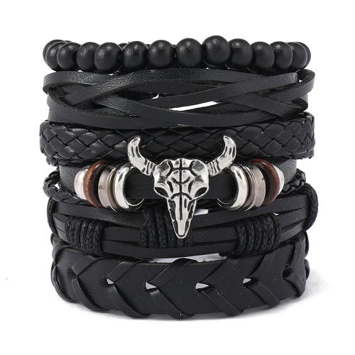 Wrap Bracelet PU Leather with Zinc Alloy Bull 6 pieces & vintage & for man Sold By Set