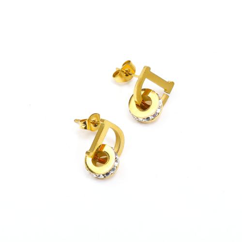 Stainless Steel Stud Earrings 304 Stainless Steel Letter D Vacuum Ion Plating fashion jewelry & micro pave cubic zirconia & for woman golden Sold By Pair