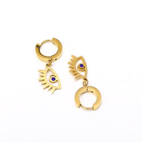 Huggie hoepel Drop Earrings, 304 roestvrij staal, met Cubic Zirconia, Boze oog, mode sieraden & voor vrouw, gouden, 14x30mm, Verkocht door pair
